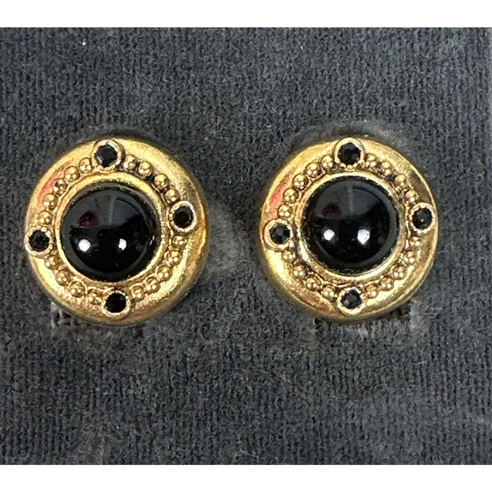 Vintage Graziano Black Stones Gold Plate Costume Clip On Earrings Signed Talbots 20$